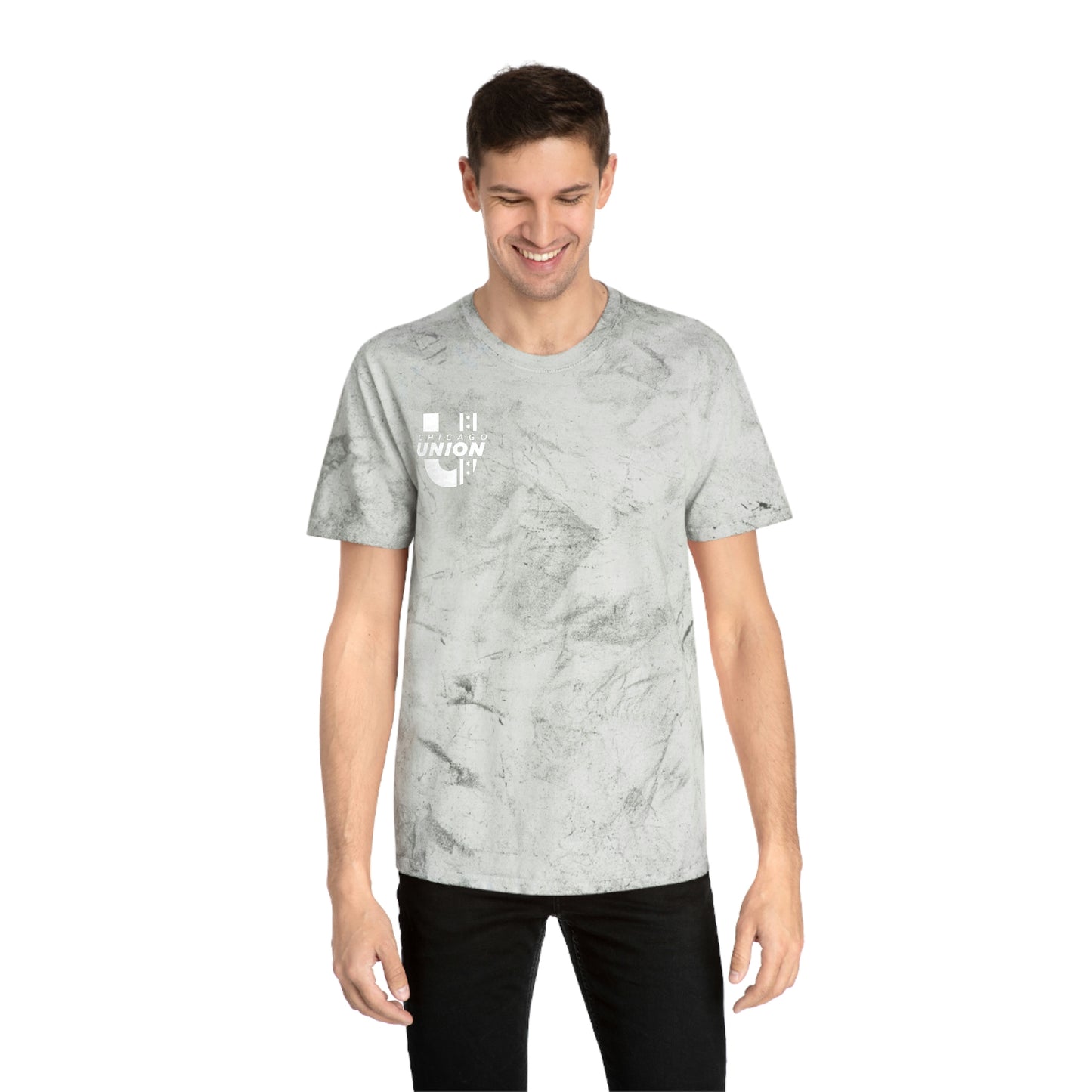 Male Model Wearing Chicago Union "Smoke" Unisex T-Shirt