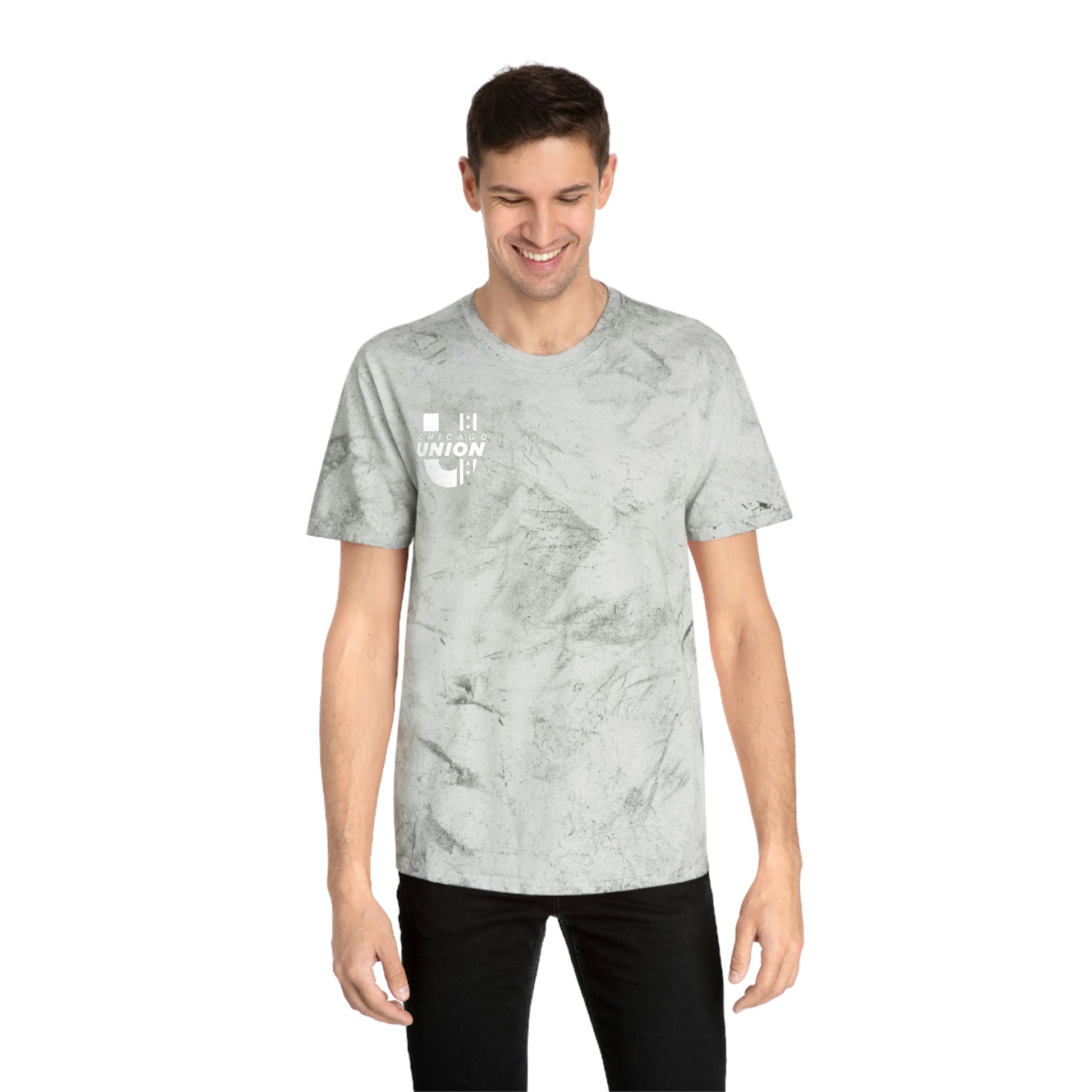Male Model Wearing Chicago Union "Smoke" Unisex T-Shirt
