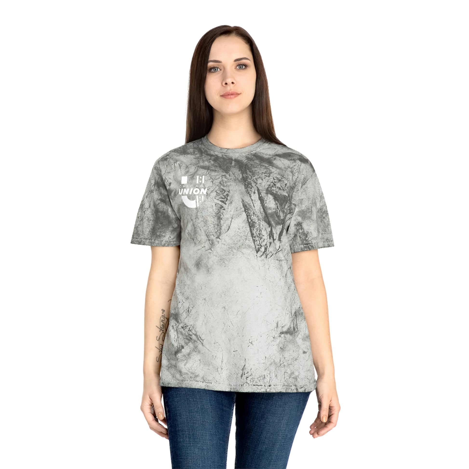 Female Model Wearing Chicago Union "Smoke" Unisex T-Shirt